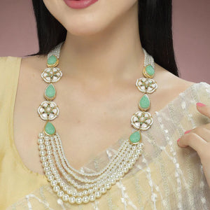 Pearl Beaded Light Green Carved Stone Kundan Rani Haar Necklace Set