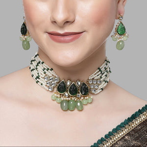 Green Carved Stone Studded Pearl Beaded Kundan Choker Necklace Set