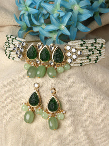 Green Carved Stone Studded Pearl Beaded Kundan Choker Necklace Set