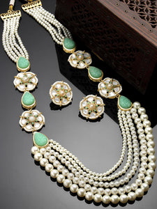 Pearl Beaded Light Green Carved Stone Kundan Rani Haar Necklace Set