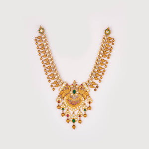 Pearl stone matt gold peacock necklace set