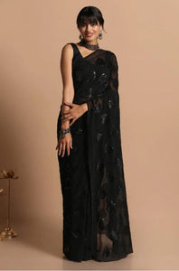 Super Black Faux Georgette Triangle Shape Embroidered Work Saree