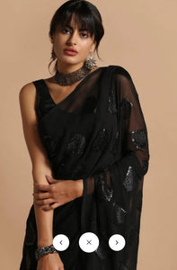 Super Black Faux Georgette Triangle Shape Embroidered Work Saree