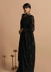 Super Black Faux Georgette Triangle Shape Embroidered Work Saree