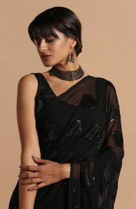 Super Black Faux Georgette Triangle Shape Embroidered Work Saree