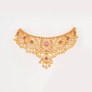 gorgeous Ruby studded matt gold choker