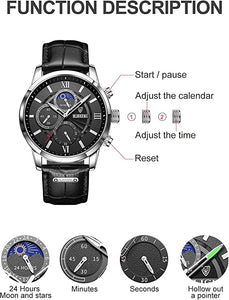 WWMALL-Mens Watches Waterproof Chronograph Stainless Steel Dial Analog Quartz Wristwatch Fashion Casual Leather Gents Watch