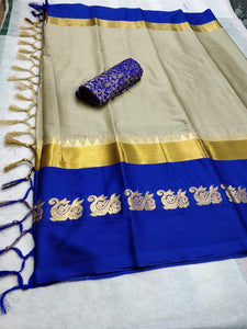 Cream & Blue Pleasent Silk Saree With Blouse