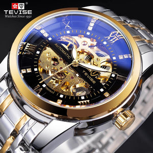 WWMALL- Diamond Design Black Gold Mechanical Watch Top Brand Automatic Clock Fashion Luxury Skeleton Waterproof Wrist Watch