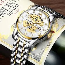 WWMALL Mens Watches Mechanical Automatic Self-Winding Stainless Steel Skeleton Luxury Waterproof Diamond Dial Wrist Watches for Men