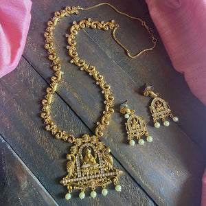 Antique Matte Heavy Mahalakshmi Bridal Long Mayil AD Necklace Set