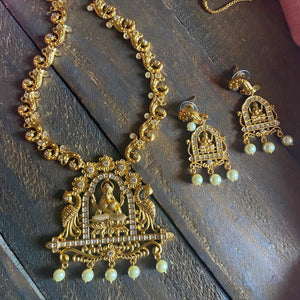 Antique Matte Heavy Mahalakshmi Bridal Long Mayil AD Necklace Set