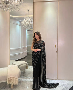 Lovely Black Georgette Sequence Work Stylish Designer Saree