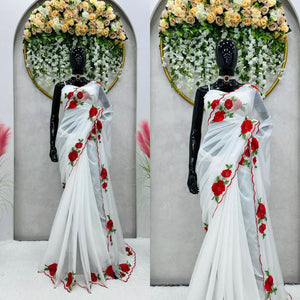 Ready to Wear Designer White Flower Work Saree