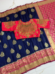 BANARASI HANDLOOM SILK SAREE WITH CONTRAST PLEIN BLOUSE