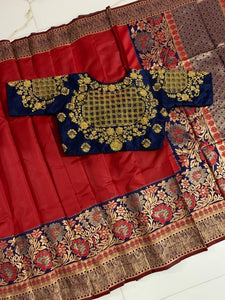 BANARASI HANDLOOM SILK SAREE WITH CONTRAST PLEIN BLOUSE