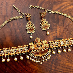 Antique Matte Mahalakshmi AD High Neck Choker Necklace Set