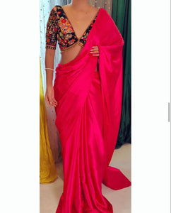 Plain Satin Silk Party Wear Saree with Embroidered Work Blouse